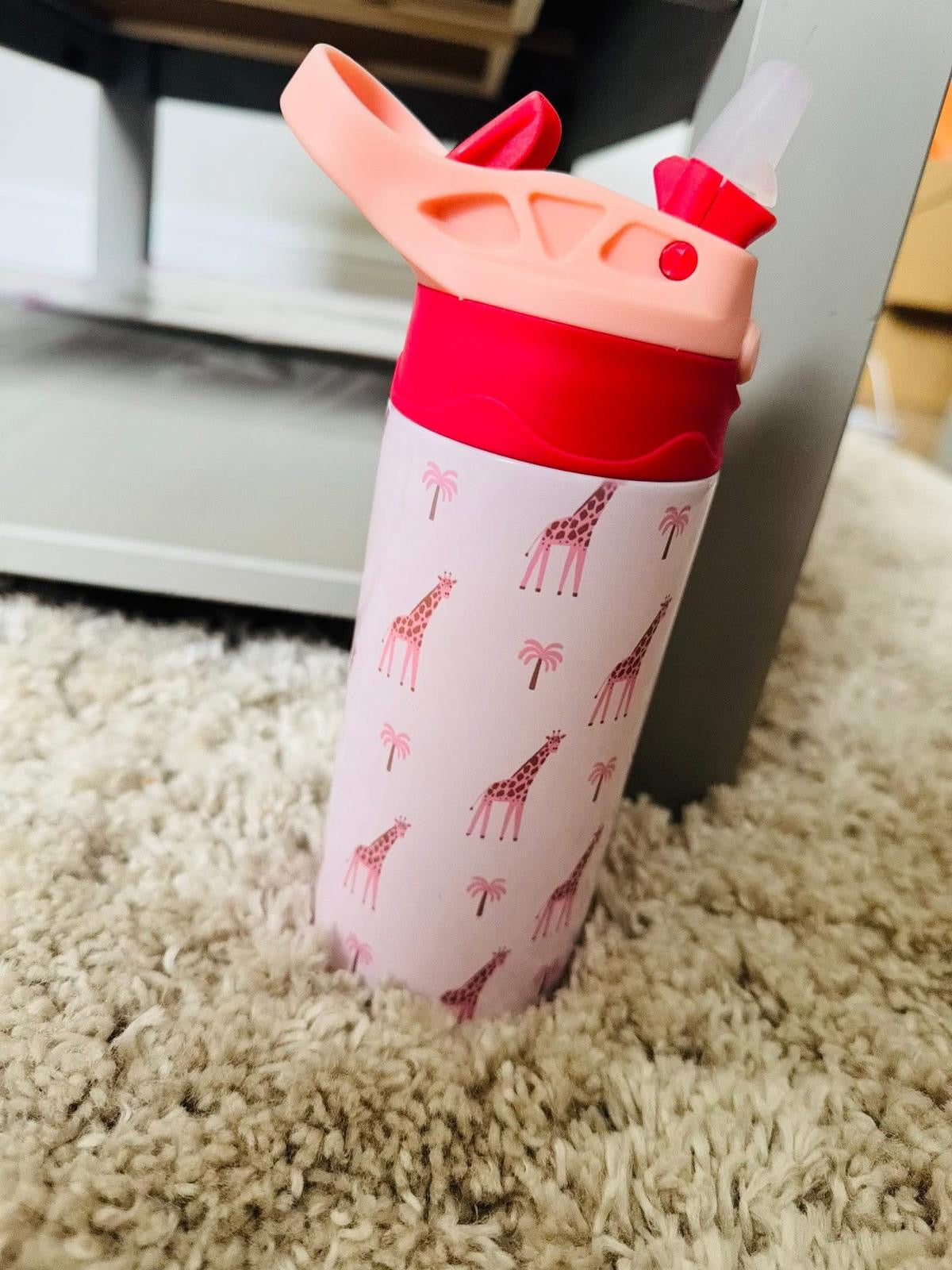 2 TONE STAINLESS STEEL BOTTLE PINK GIRAFFE DESIGN PERSONALISED