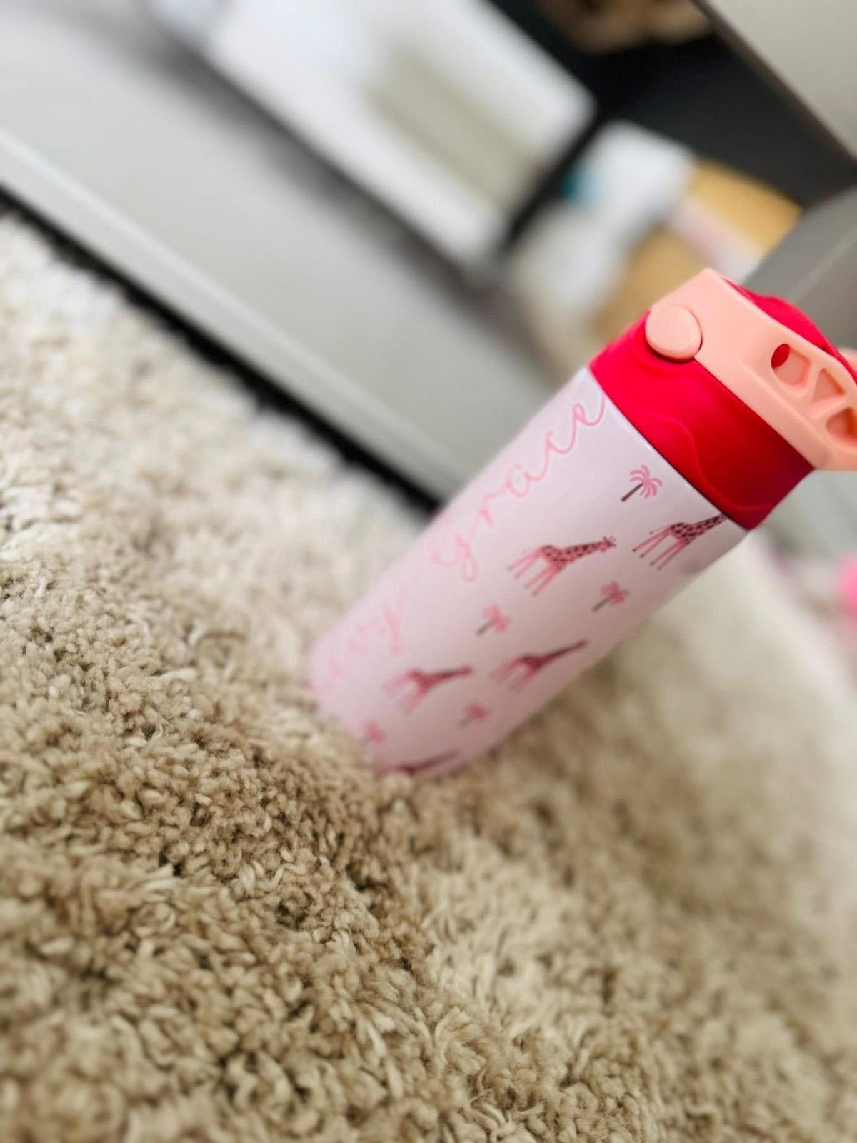2 TONE STAINLESS STEEL BOTTLE PINK GIRAFFE DESIGN PERSONALISED