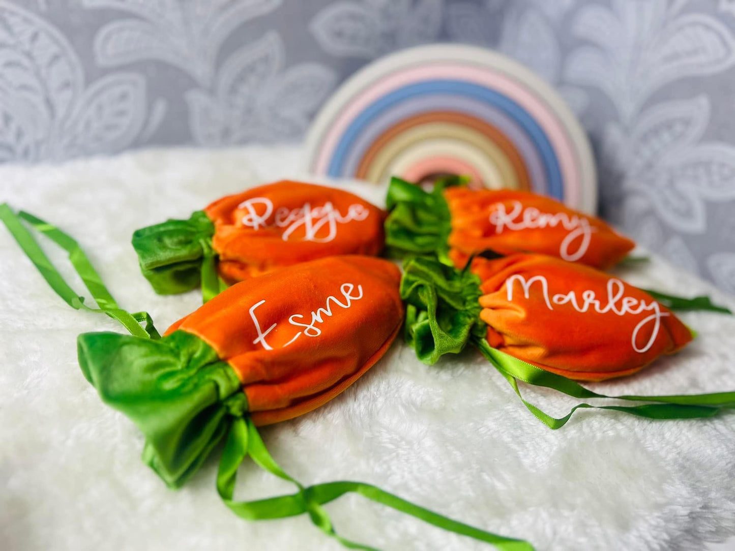 PERSONALISED EASTER CARROT VELVET DRAWSTRING BAGS