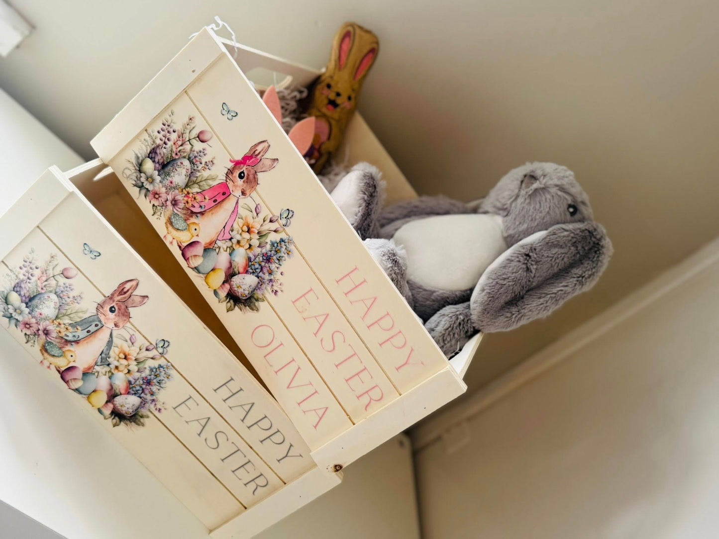 PERSONALISED WOODEN FLOPSY JACKET BUNNY EASTER CRATE