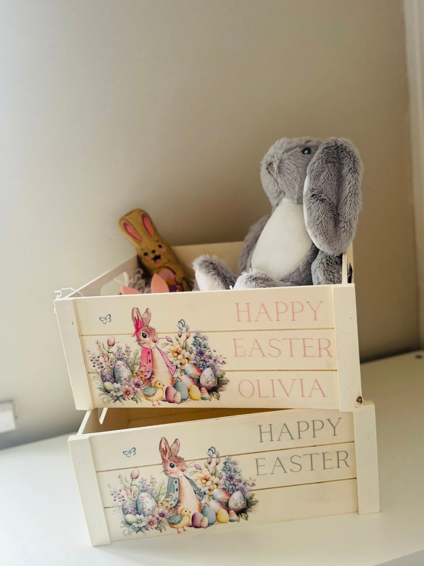 PERSONALISED WOODEN FLOPSY JACKET BUNNY EASTER CRATE