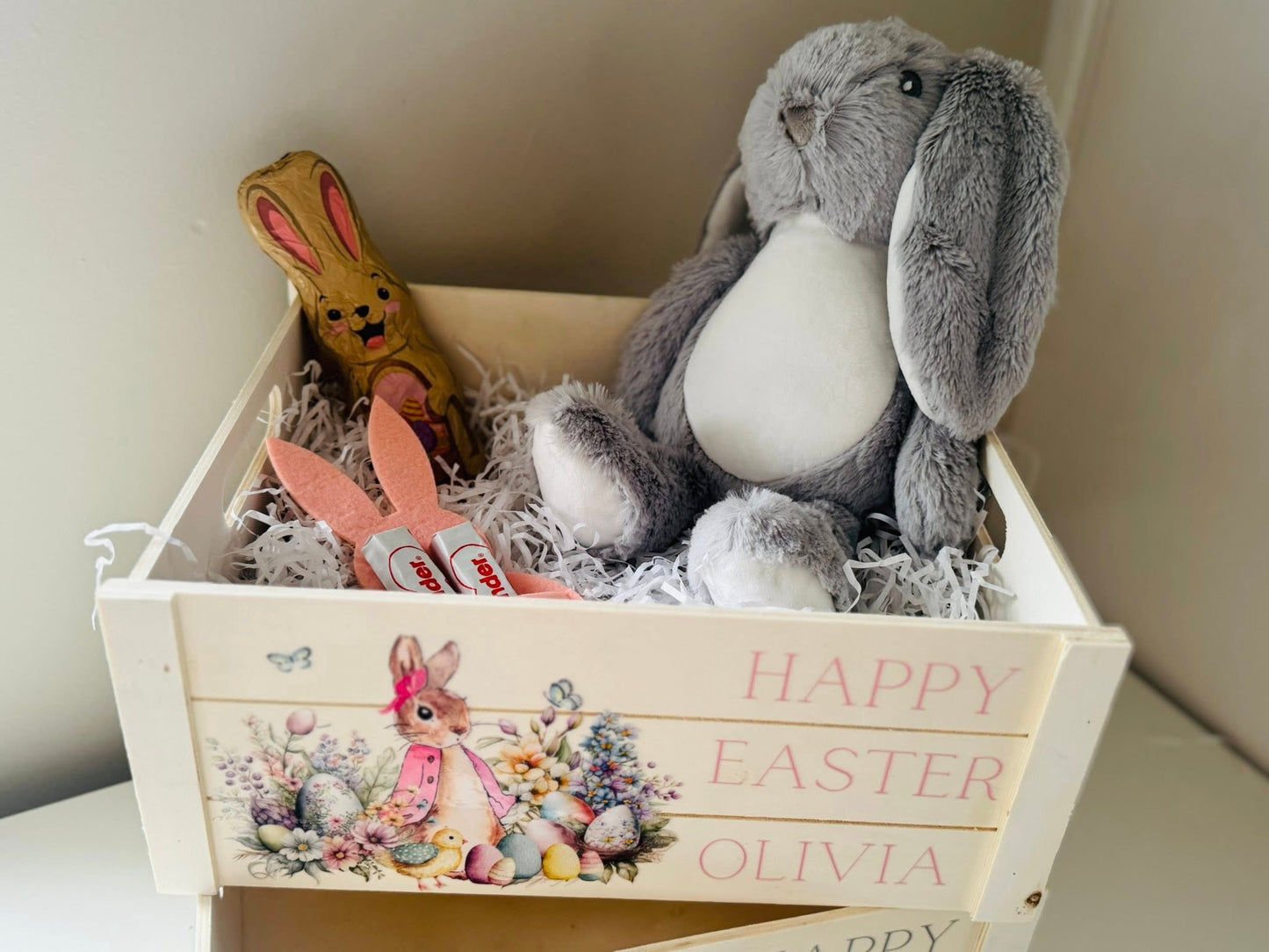 PERSONALISED WOODEN FLOPSY JACKET BUNNY EASTER CRATE