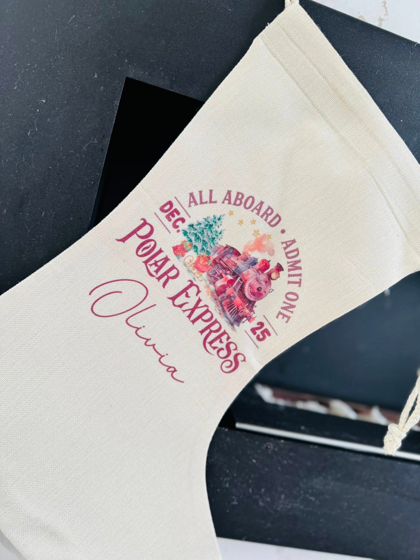 ADMIT ONE PERSONALISED PURPLE/PINK POLAR EXPRESS STOCKINGS