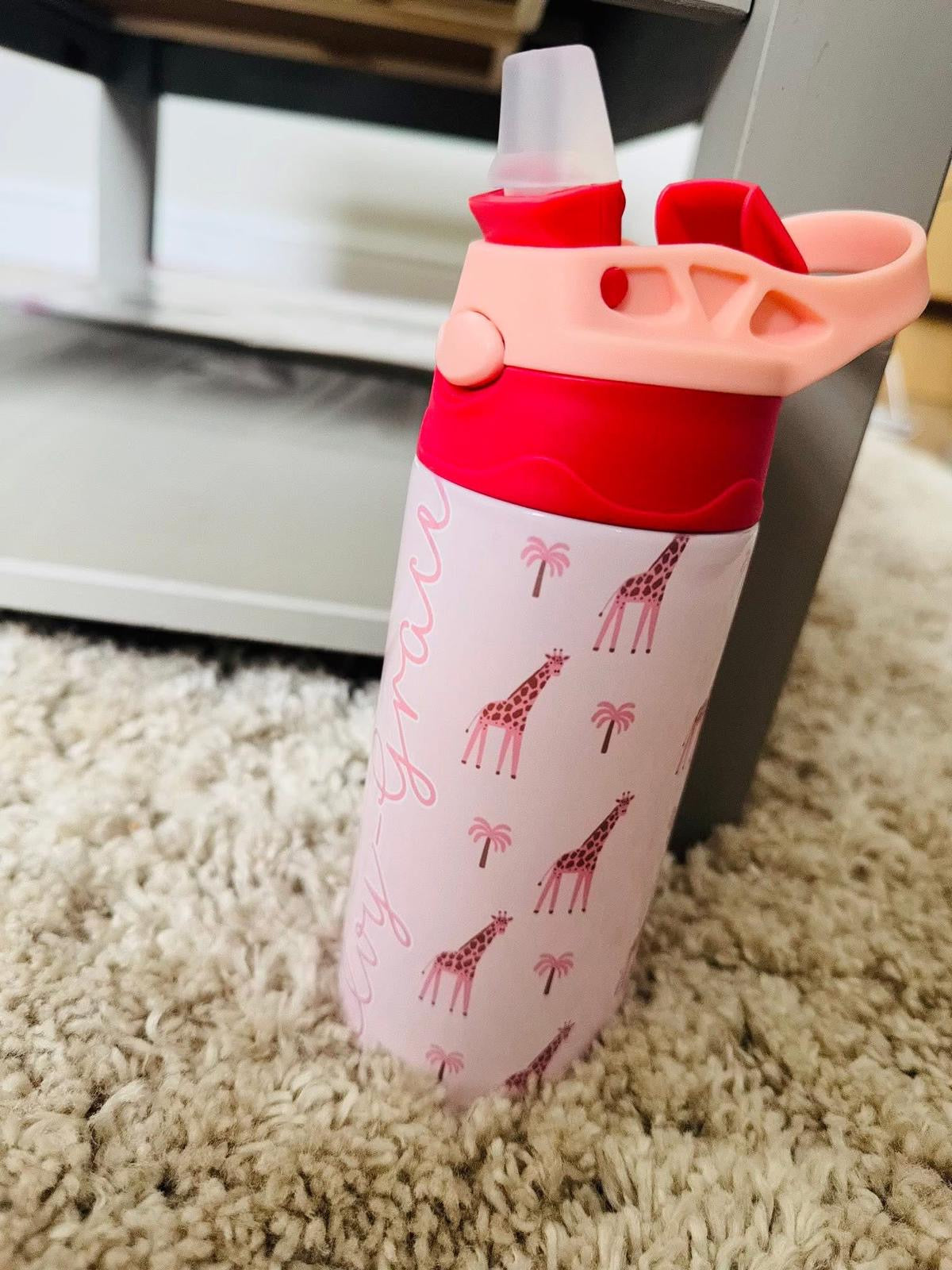 2 TONE STAINLESS STEEL BOTTLE PINK GIRAFFE DESIGN PERSONALISED