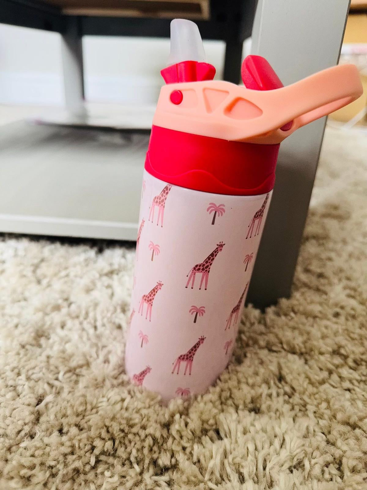 2 TONE STAINLESS STEEL BOTTLE PINK GIRAFFE DESIGN PERSONALISED