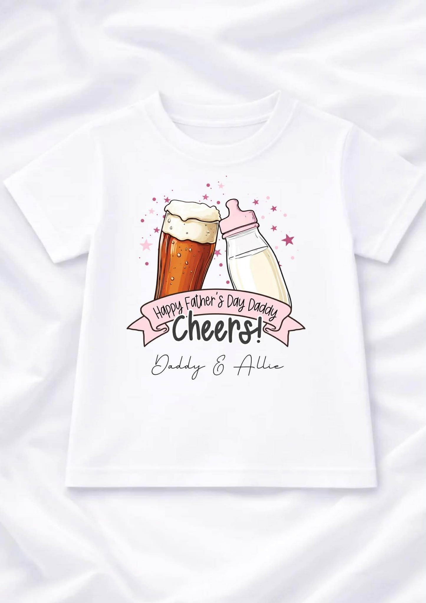 BEER/BABY BOTTLE HAPPY FATHERS DAY TSHIRT PINK