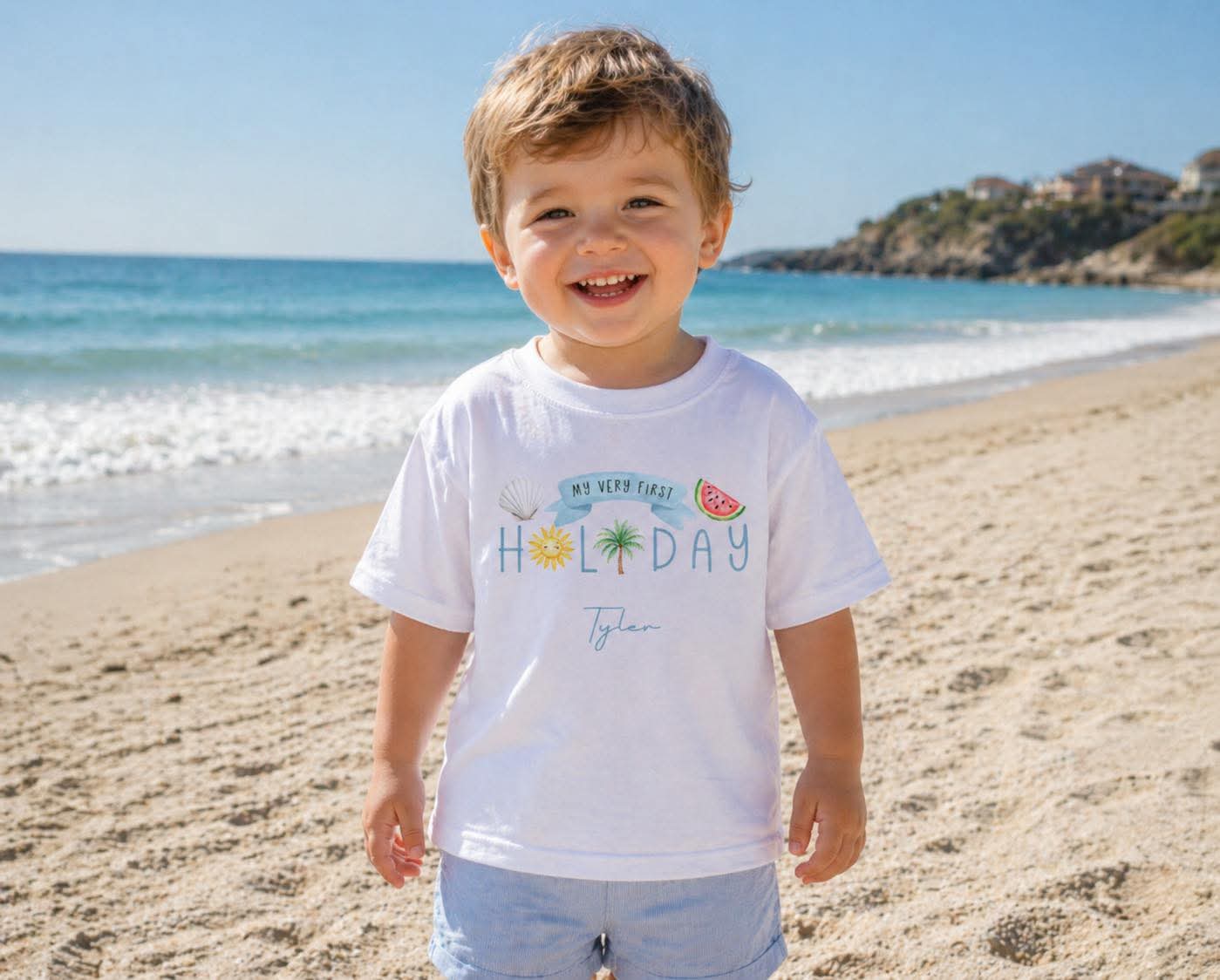 MY VERY FIRST HOLIDAY BLUE TSHIRT PERSONALISED