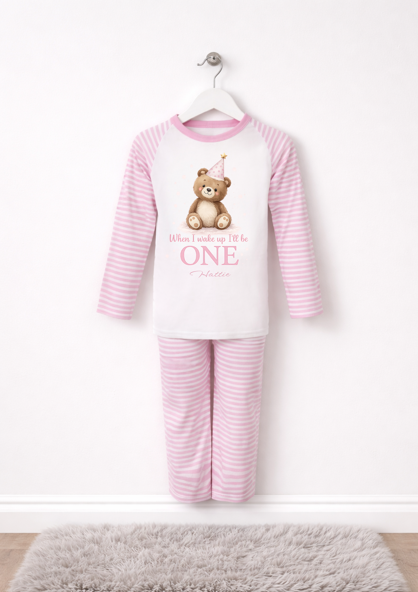 PINK STRIPE WATERCOLOR BEAR PERSONALISED PJS
