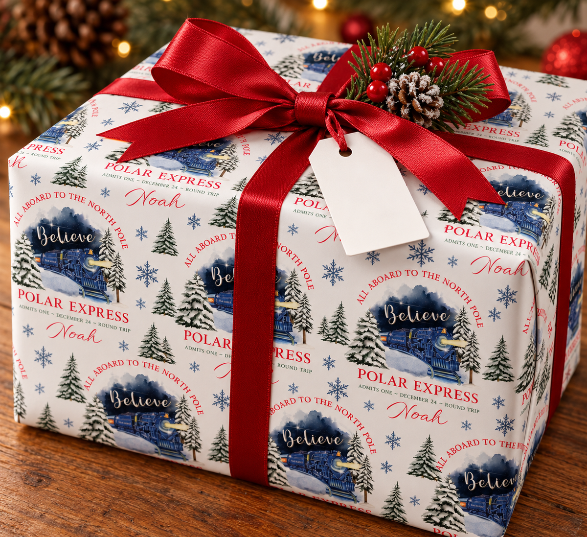 POLAR EXPRESS BLUE TRAIN PERSONALSED WRAPPING PAPER