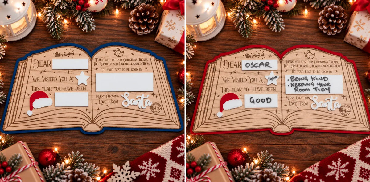 Dear... Love From Santa Open Book Dark Blue Backing 4mm Oak Veneered & 3mm Acrylic