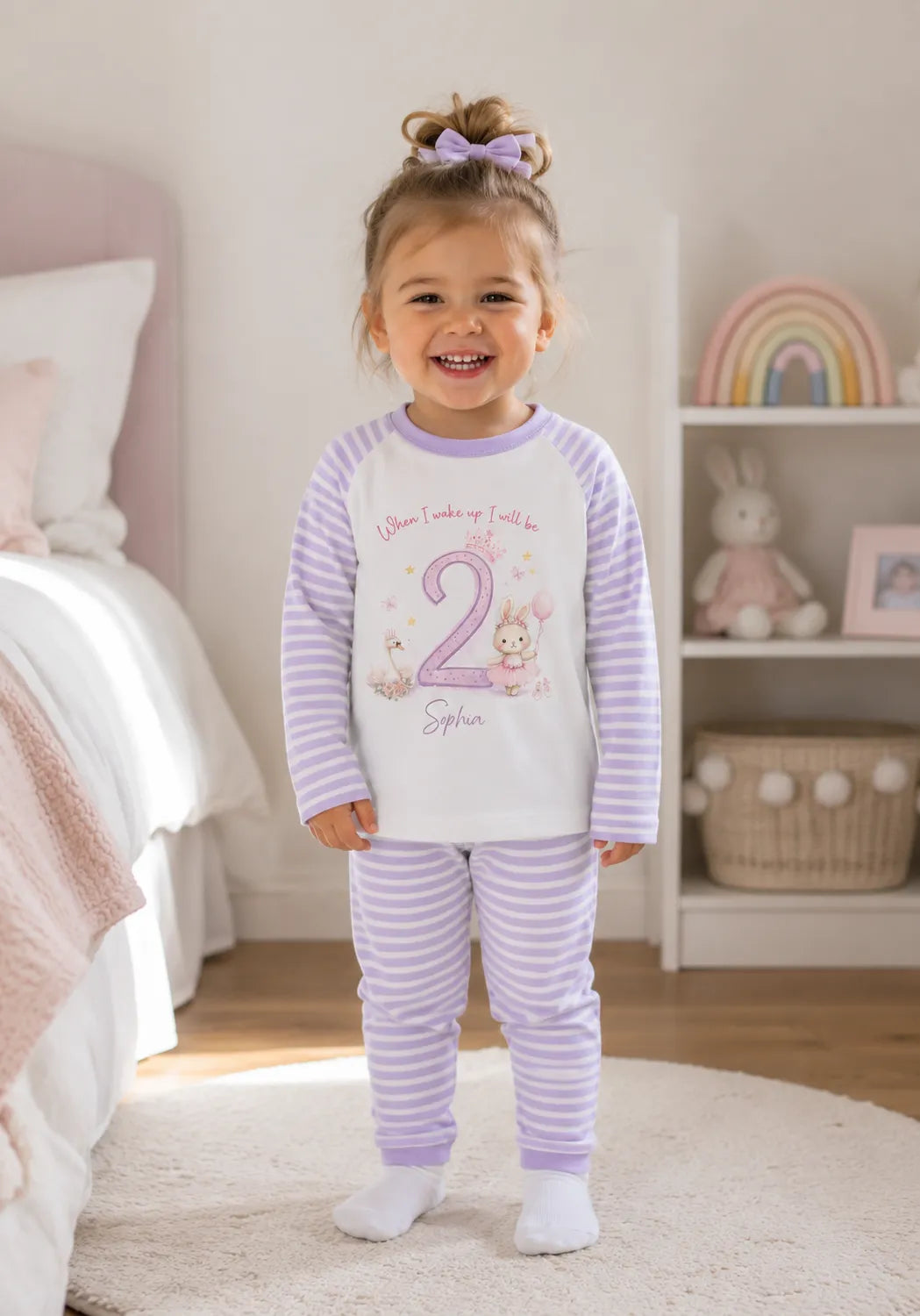 PERSONALISED PURPLE STRIPE BUNNY/SWAN PRINCESS FLORAL PJS DESIGN WITH OPTION OF ANY AGE