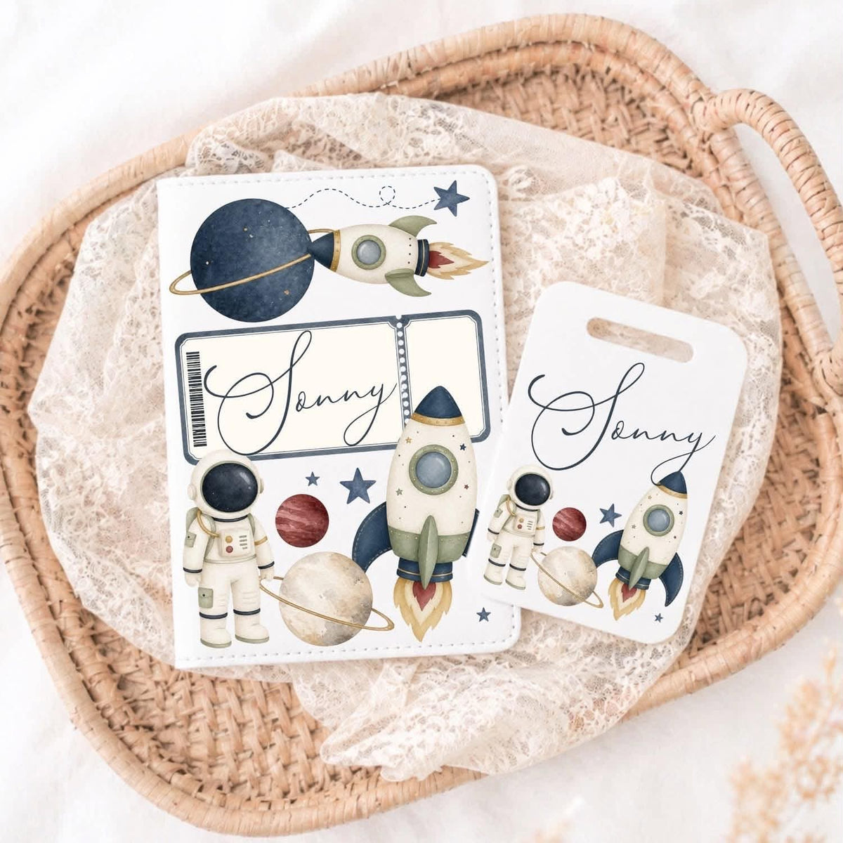 Space theme personalised passport cover and acrylic tag