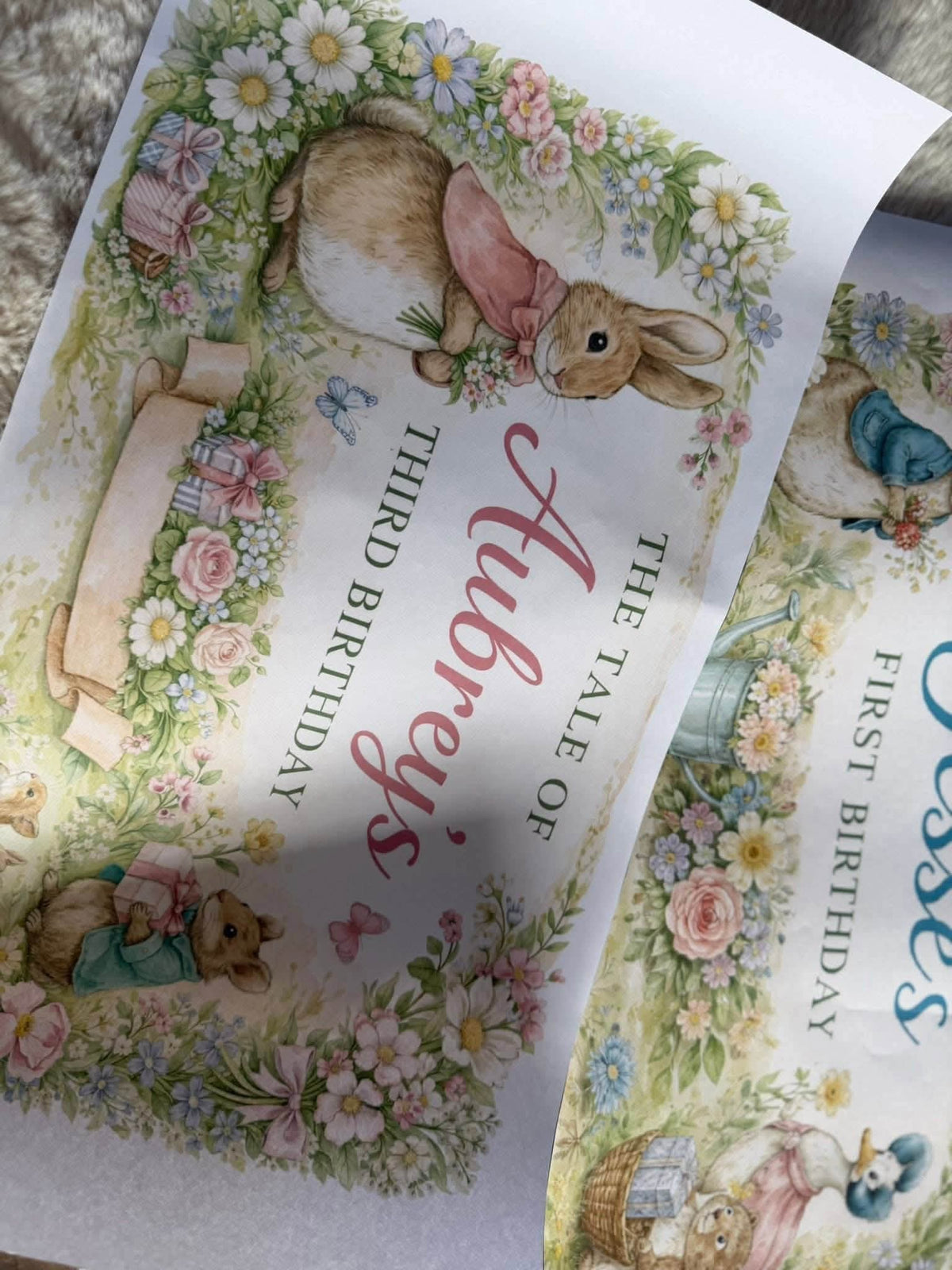 The tale of pink jacket bunny personalised birthday banner