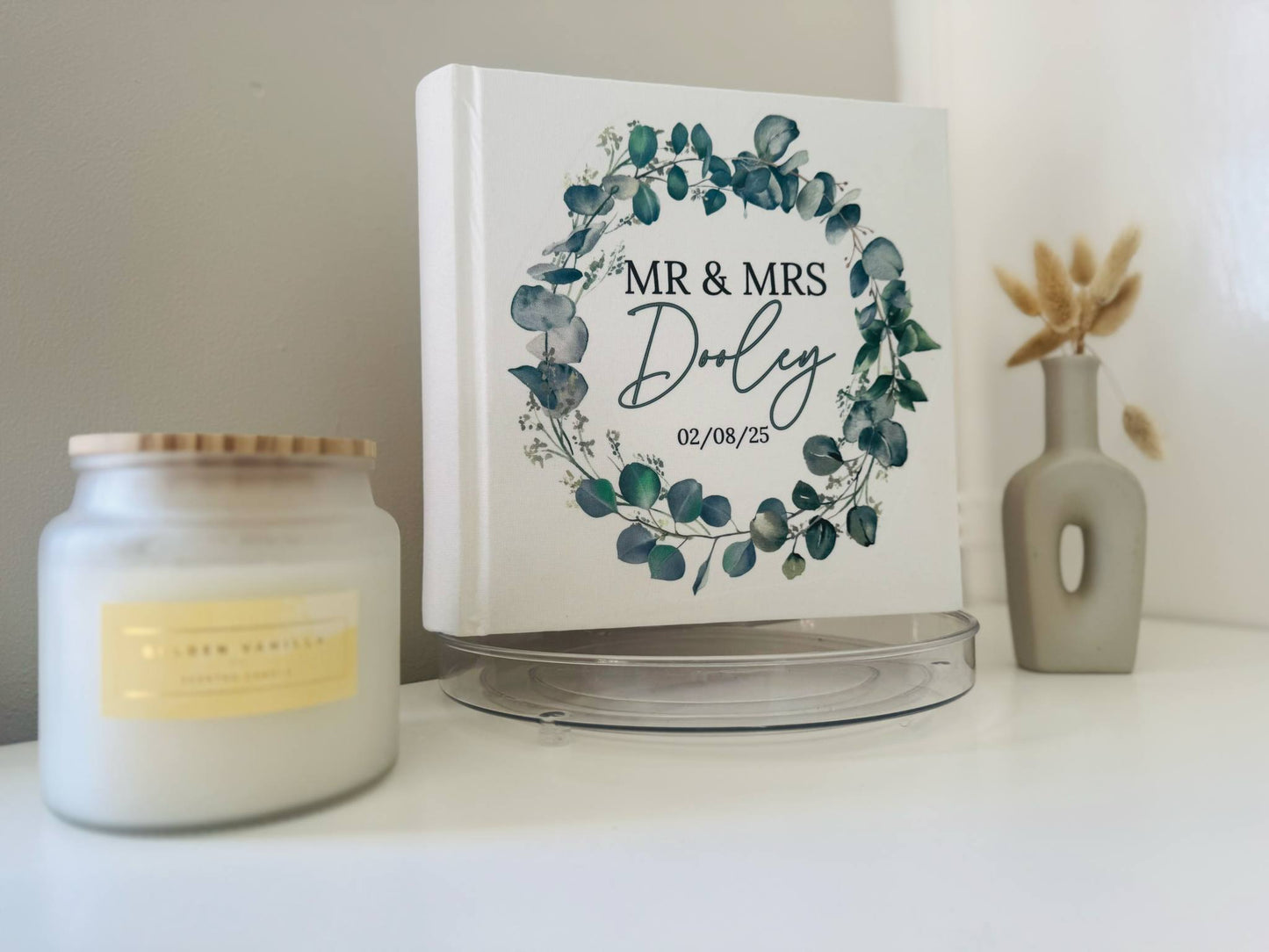 Personalised green leave wreath wedding photo album
