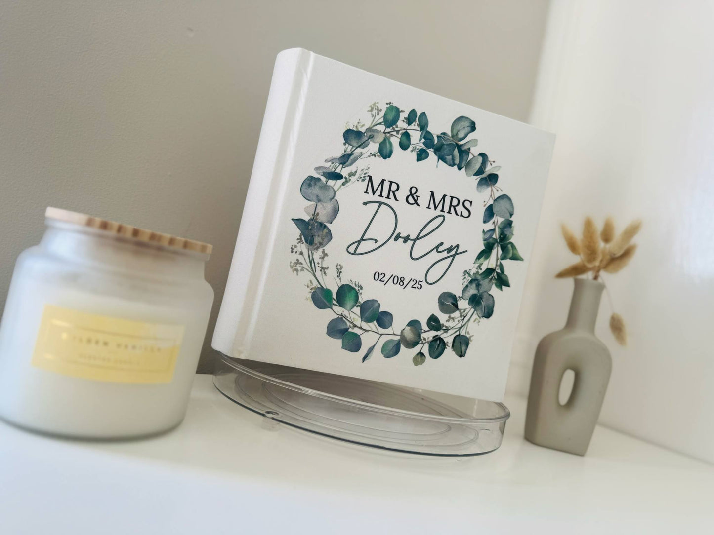 Personalised green leave wreath wedding photo album