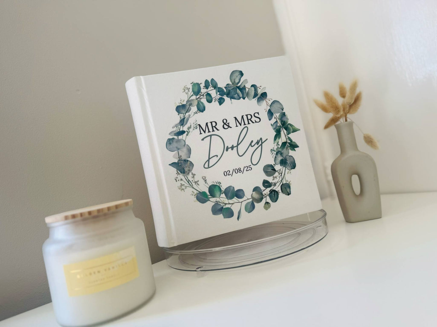 Personalised green leave wreath wedding photo album