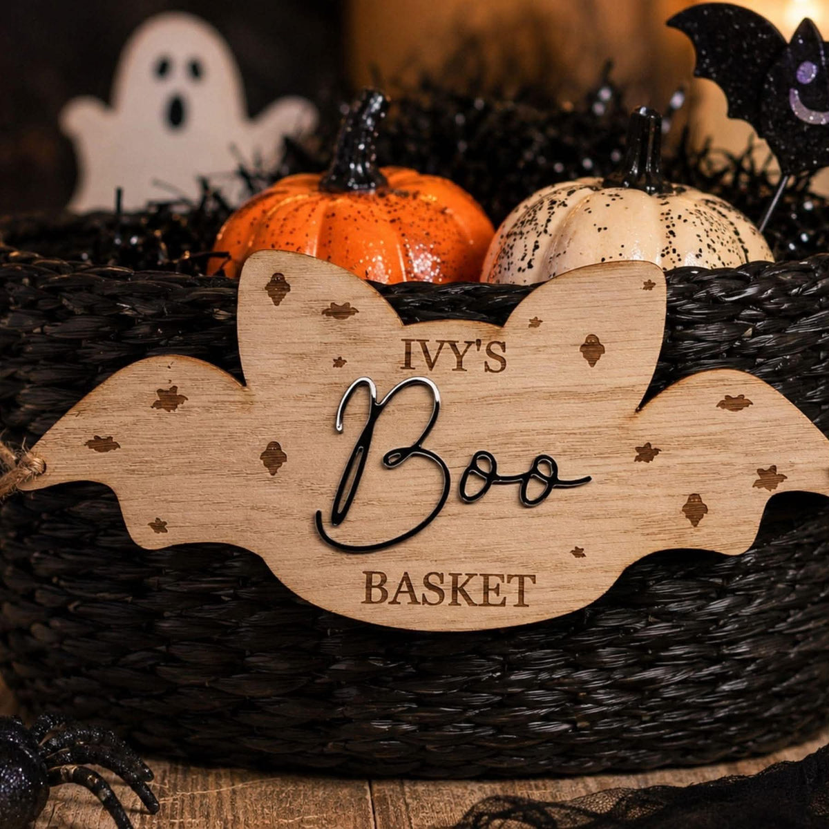 Personalised bat shaped boo Basket sign