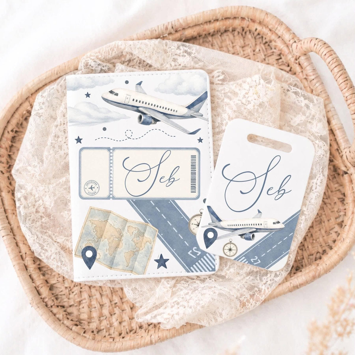 Personalised airplane passport cover and acrylic tag