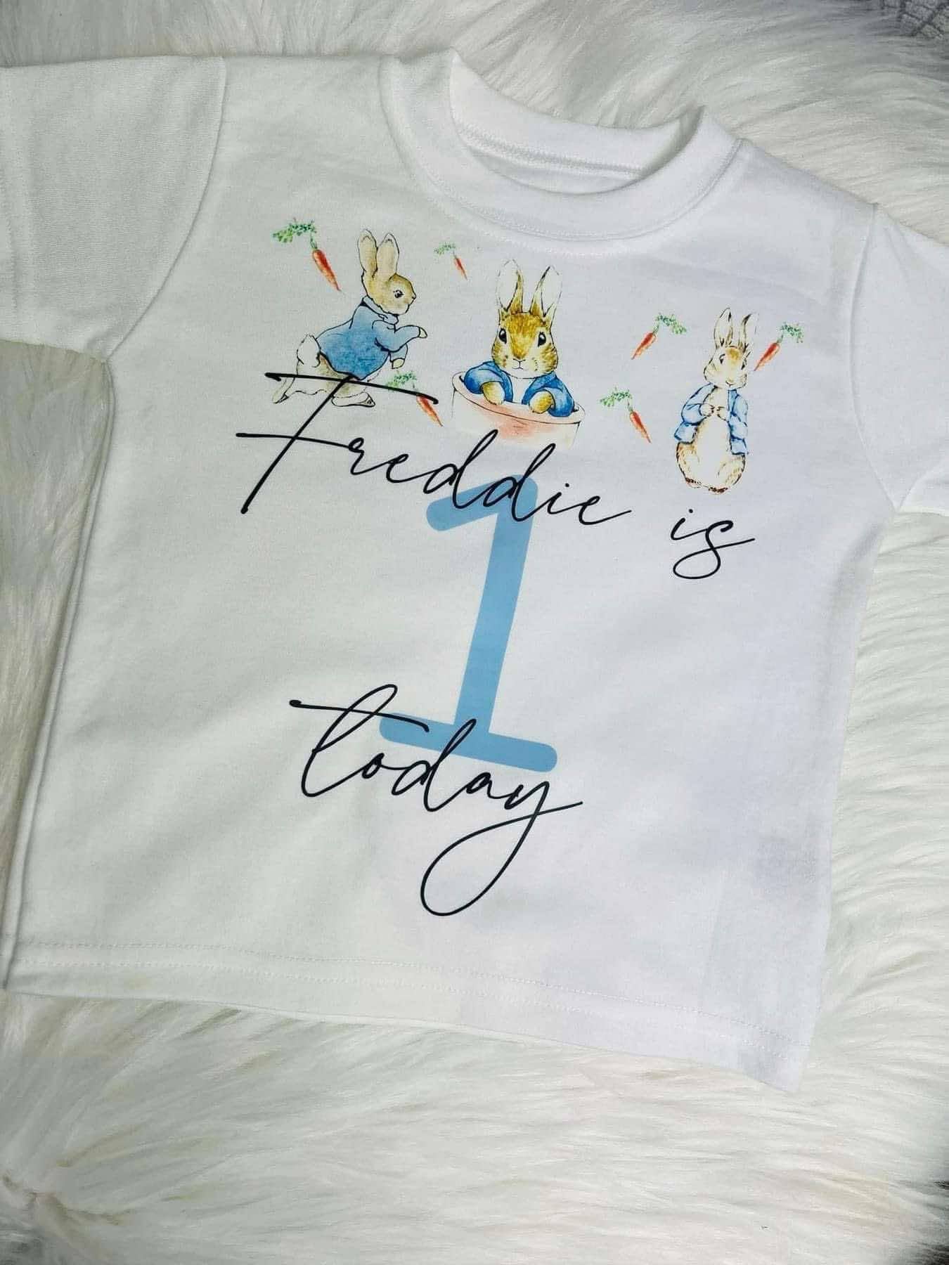 Personalised blue jacket bunny birthday T-shirt