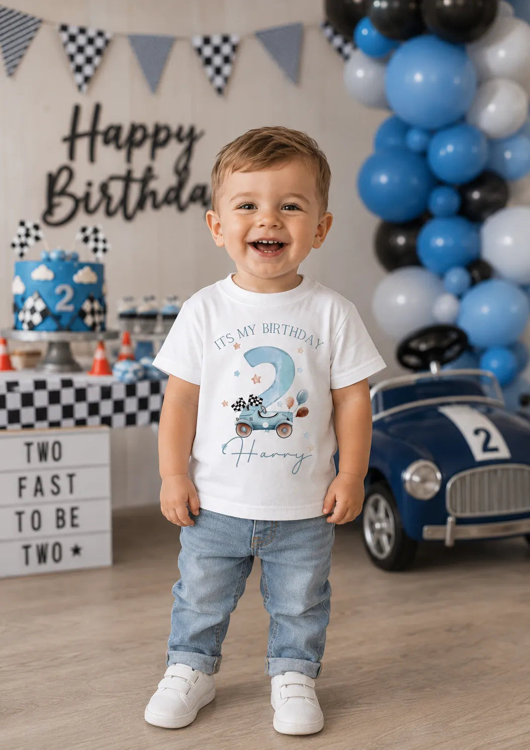 personalised blue car theme birthday t-shirt