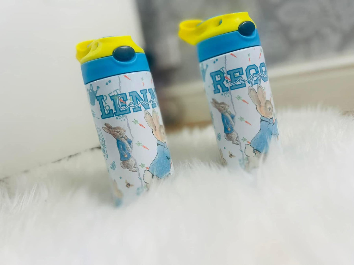 Blue jacket bunny personalised 2 tone bottle