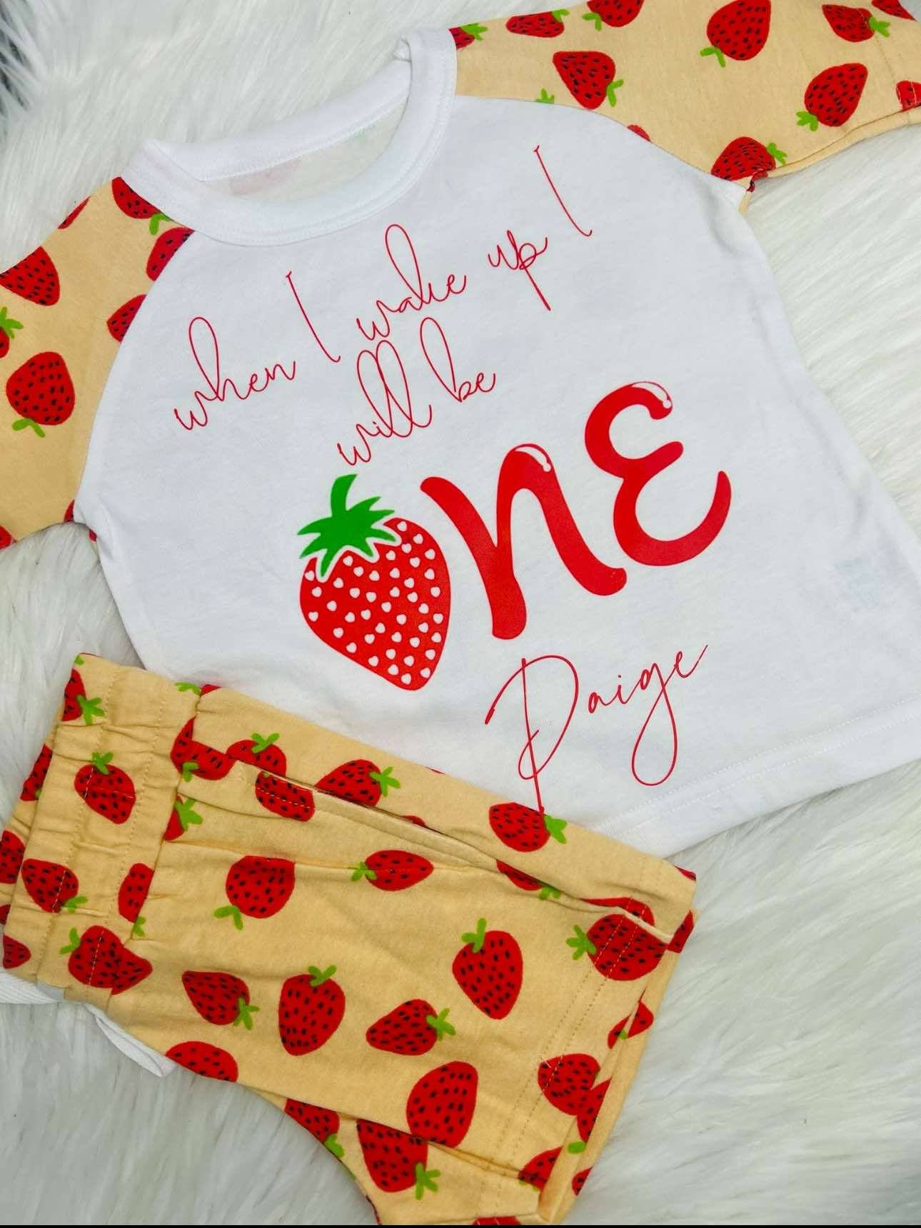 Strawberry theme short pjs personalised