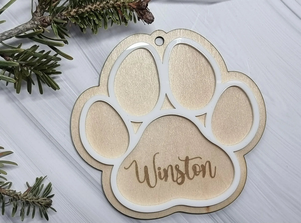 Paw Print White Acrylic & Plywood 3mm Hanging Ornament
