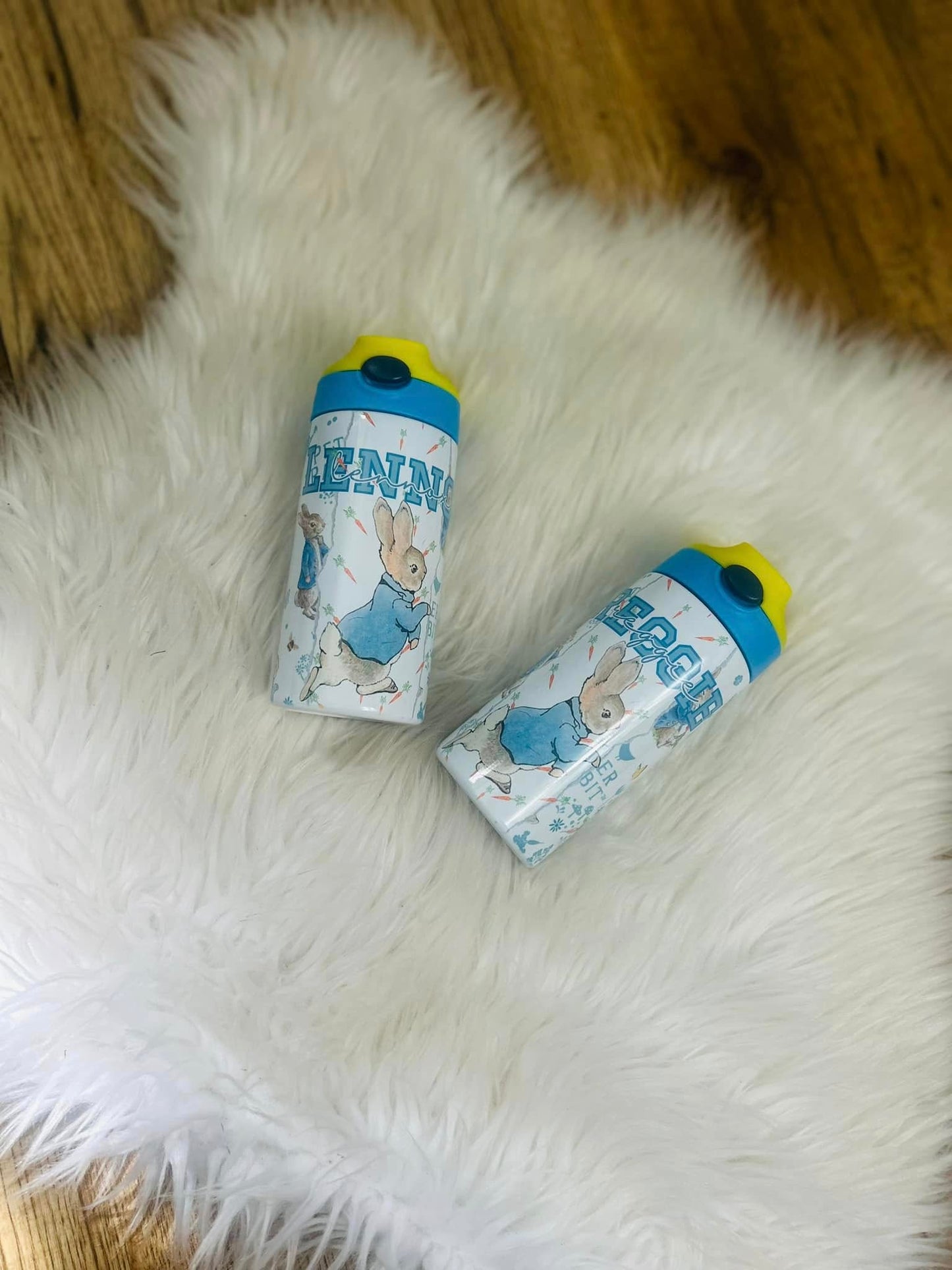 BLUE JACKET BUNNY WATERCOLOR 2 TONE PERSONALISED BOTTLE
