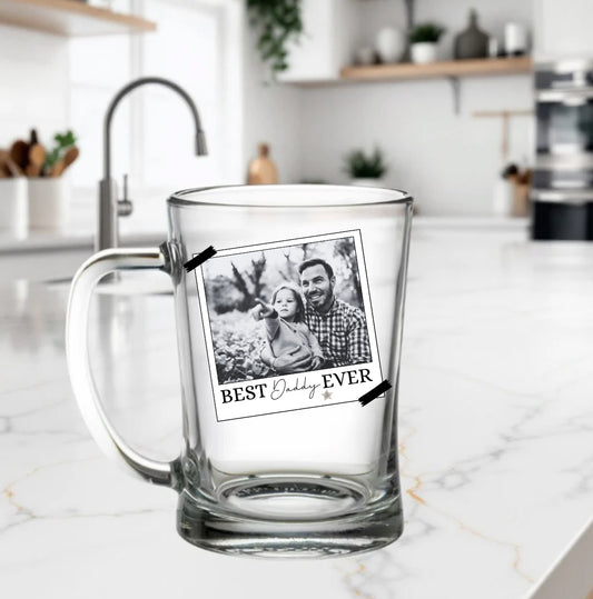 CLEAR GLASS TANKARD WITH A POLAROID DESIGN WITH BEST …… EVER