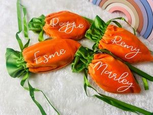 PERSONALISED EASTER CARROT VELVET DRAWSTRING BAGS