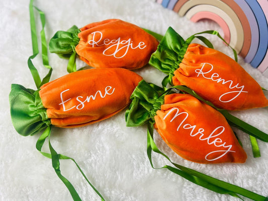 PERSONALISED EASTER CARROT VELVET DRAWSTRING BAGS