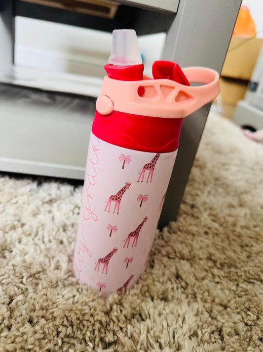 2 TONE STAINLESS STEEL BOTTLE PINK GIRAFFE DESIGN PERSONALISED