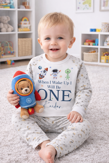 personalised space theme astronaut when i wake up birthday pjs