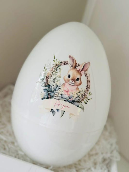 PINK BABY BUNNY FLORAL PERSONALISED PLASTIC EGG