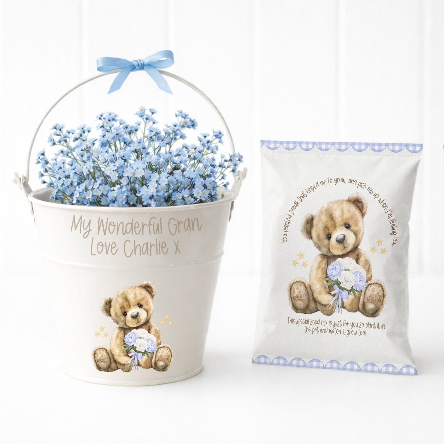 BLUE THEME BROWN BEAR MOTHERS DAY PLANTER AND SEED PACKET