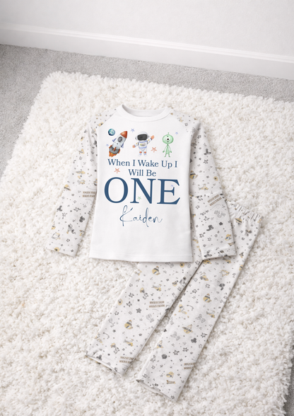 personalised space theme astronaut when i wake up birthday pjs