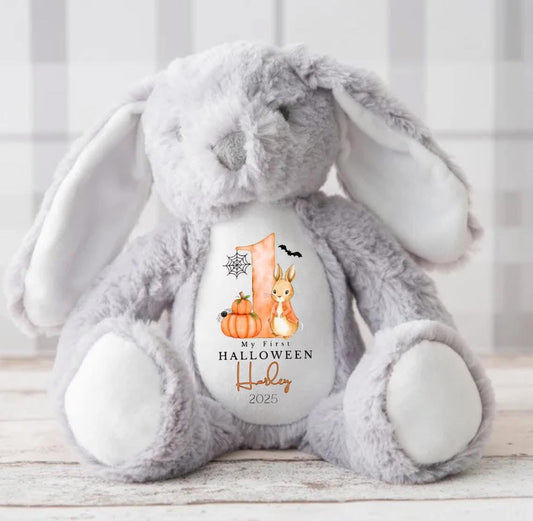 PERSONALISED MY FIRST HALLOWEEN ORANGE JACKET BUNNY STYLE TEDDY