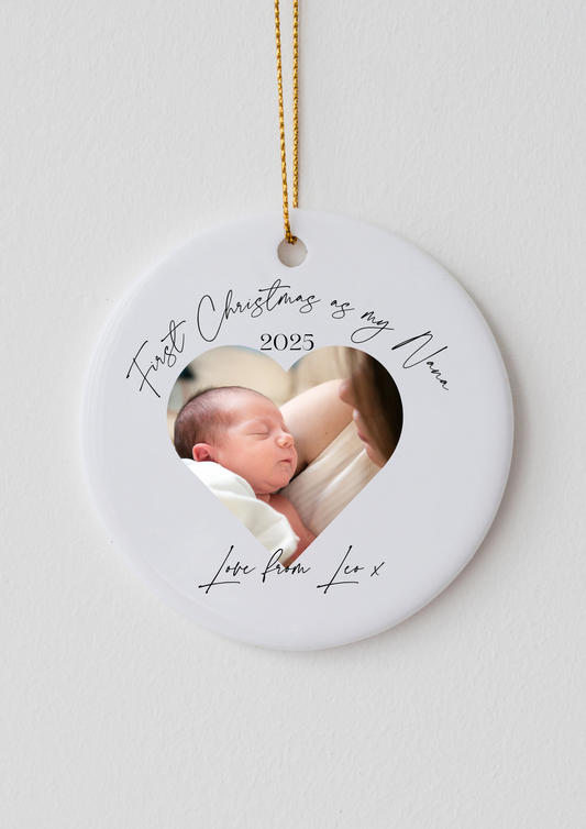 Personalised First Christmas Bauble - Custom Photo Ornament - First Xmas as Nanny, Grandad, Daddy - Ceramic Keepsake Tree Decoration