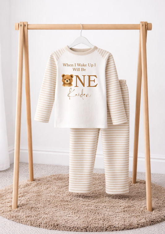 personalised 1st birthday bear beige stripe pjs