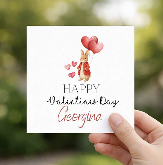Red jacket bunny personalised happy Valentine’s Day card
