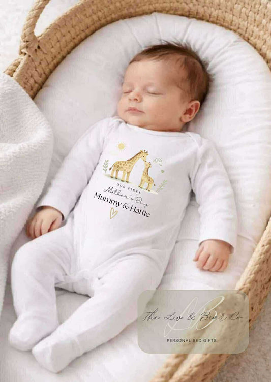 Personalised giraffe Mother’s Day sleepsuit