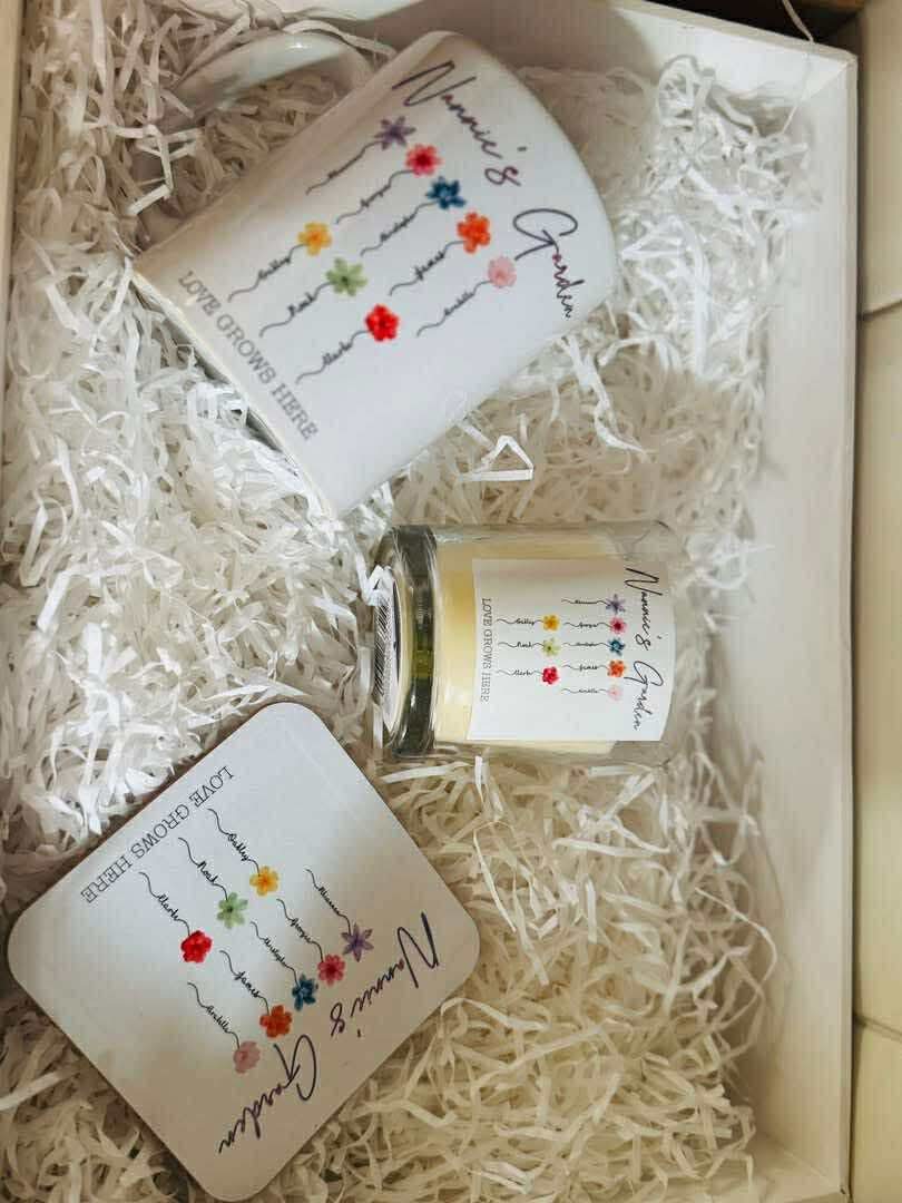 Personalised garden set mug/coaster and candle