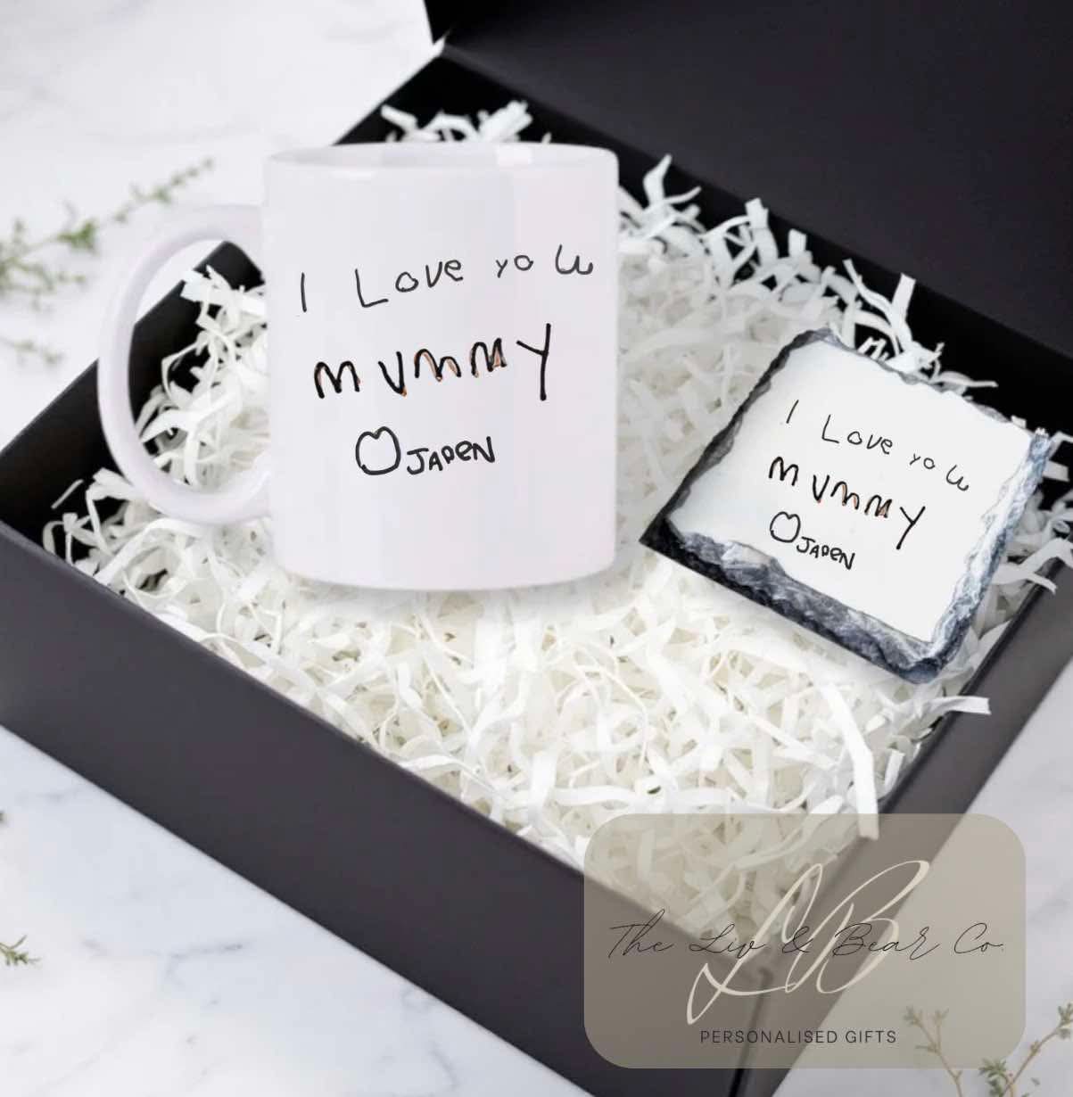 Personalised hand writing mug and slate coaster bundle