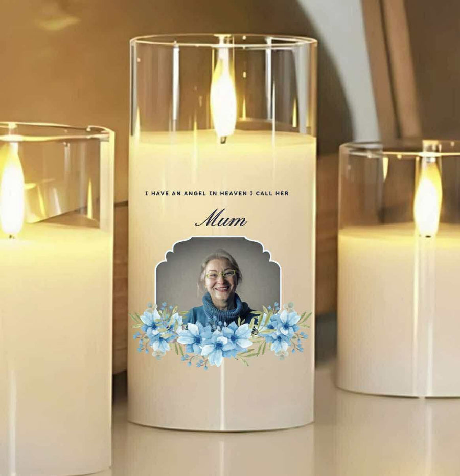 Personalised blue flower photo angel in heaven led candle