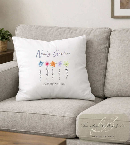 Personalised garden love grows here cushion cover