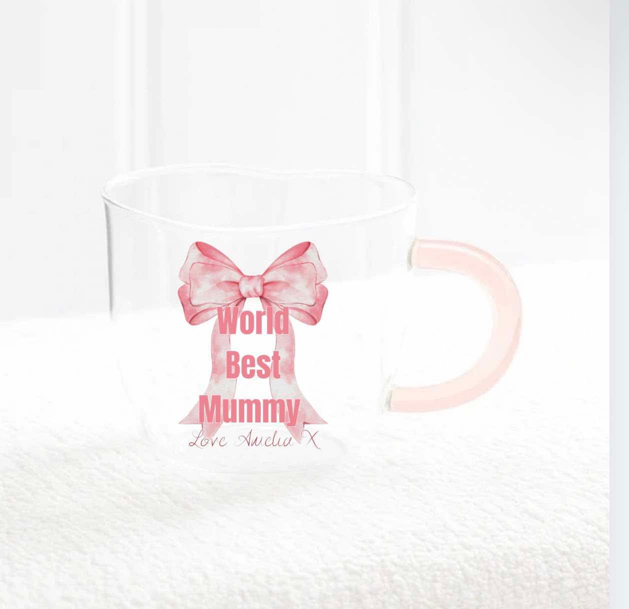 Personalised heart shaped mug~ pink bow works best