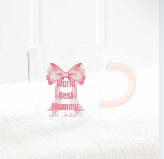 Personalised heart shaped mug~ pink bow works best