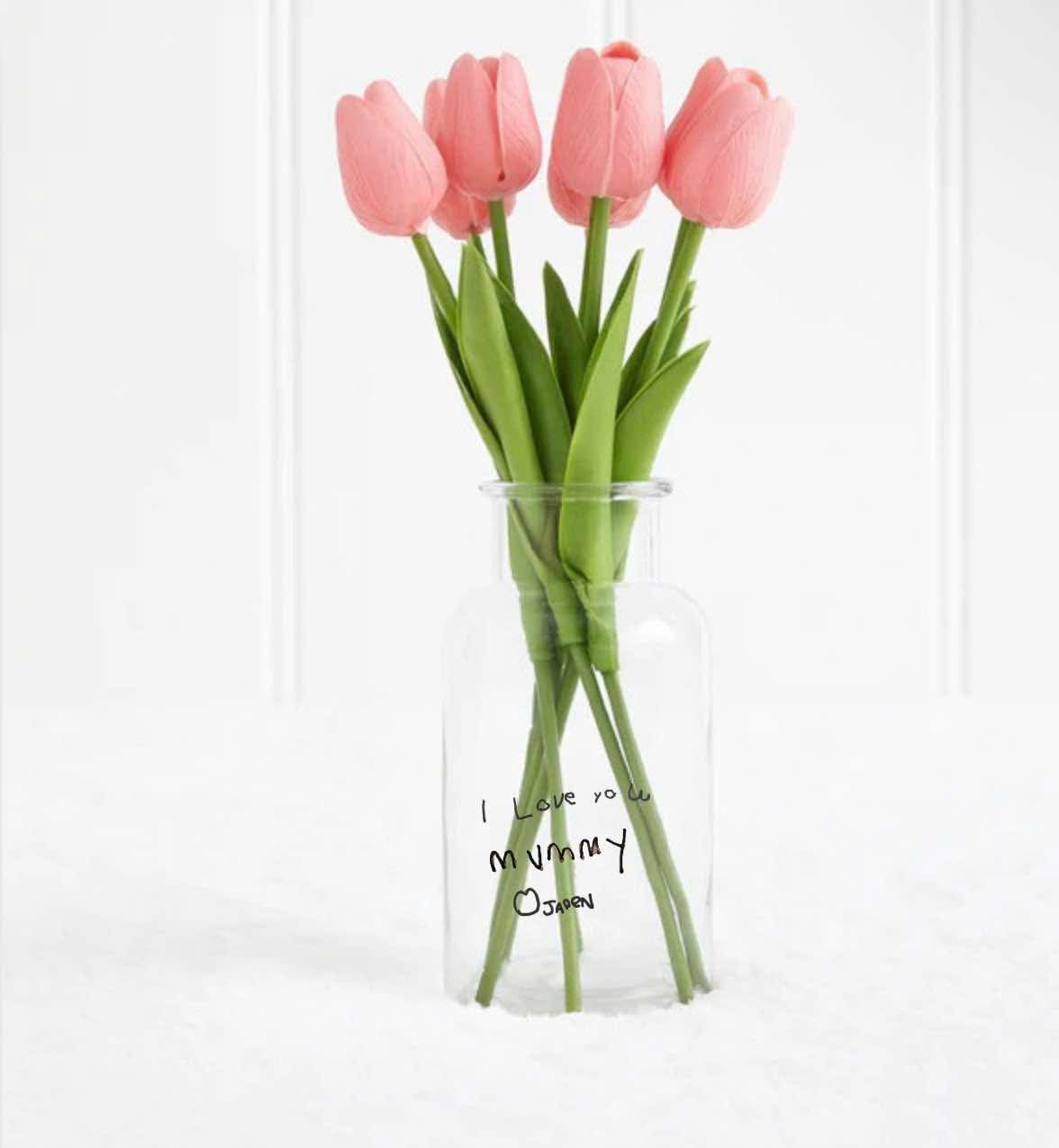 Faux tulips pink in a glass jar personalised writing design