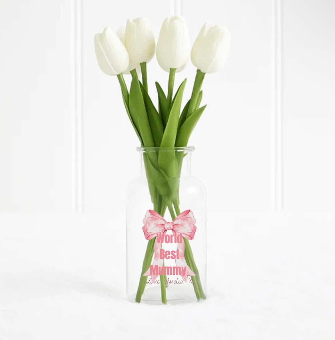 Faux tulips pink bow design glass jar