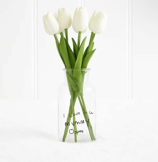 White faux tulips glass jar hand written message